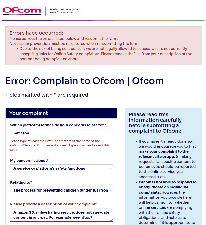 Ofcom's web form, which says 'Due to the risk of being sent content we are not legally allowed to access, we are not currently accepting links for Online Safety complaints.'